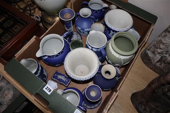 A collection of 19th and 20th century Wedgwood dark blue and green ground Jasperware,